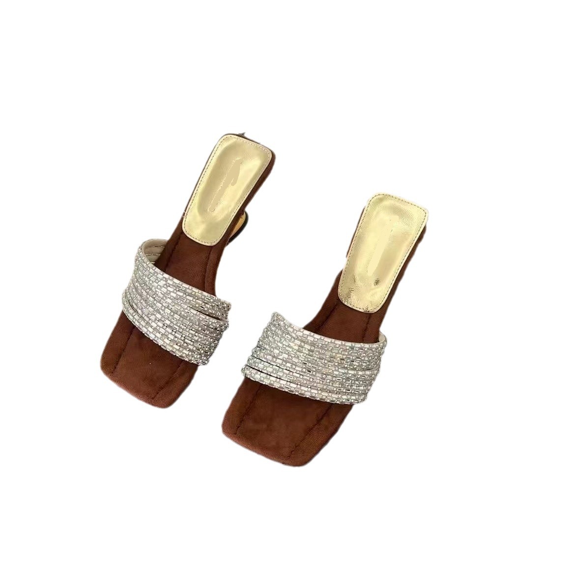 French-style exquisite and beautiful crystal-encrusted one-piece slip-on sandals for summer outerwear, medium-heeled high-heeled pumps, square-toe san