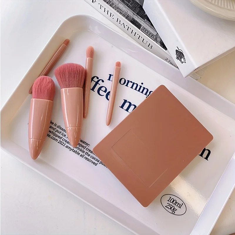 5Piece Mini Makeup Brush Set with Mirror Case Foundation Eyeshadow Blush 250716