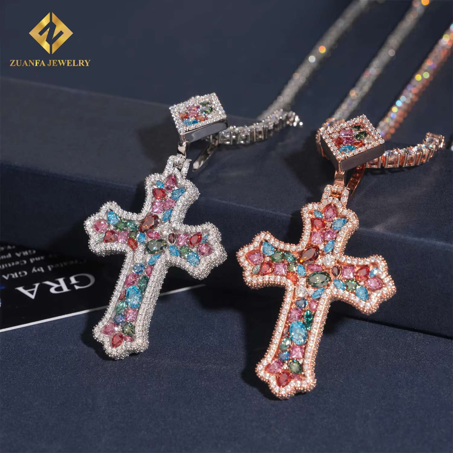 Hip Hop Custom New Jewelry Charm Pendant Iced Out 925 Silver Colorful VVS Moissanite Diamond Solid Back Cross Pendant Men Women