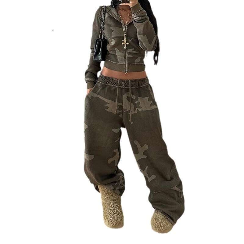 Women's Camouflage Color-Block Hooded Zip-Up Sweatshirt + Loose Oversized Sweatpants Casual Two-Piece Set B5