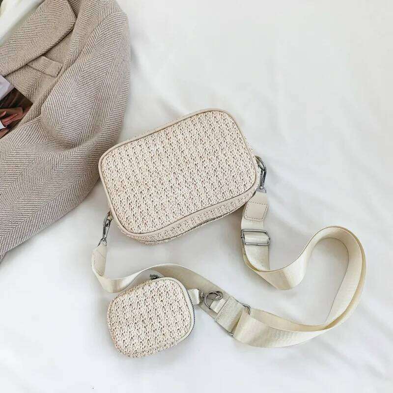Solid Color Simplicity Women's Crossbody Bag - Woven Straw with Detachable Wide Strap & Zipper,Perfect for Vacation/Daily Use