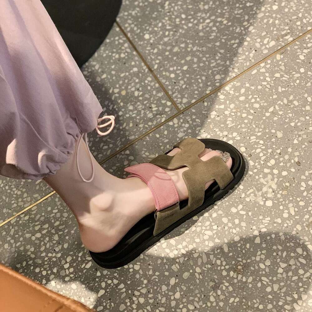 Trendy Niche Magic Tape Flat Sandals Summer Outdoor One-Strap Thick-Soled Uncle H Slippers for Women 2024 New Model