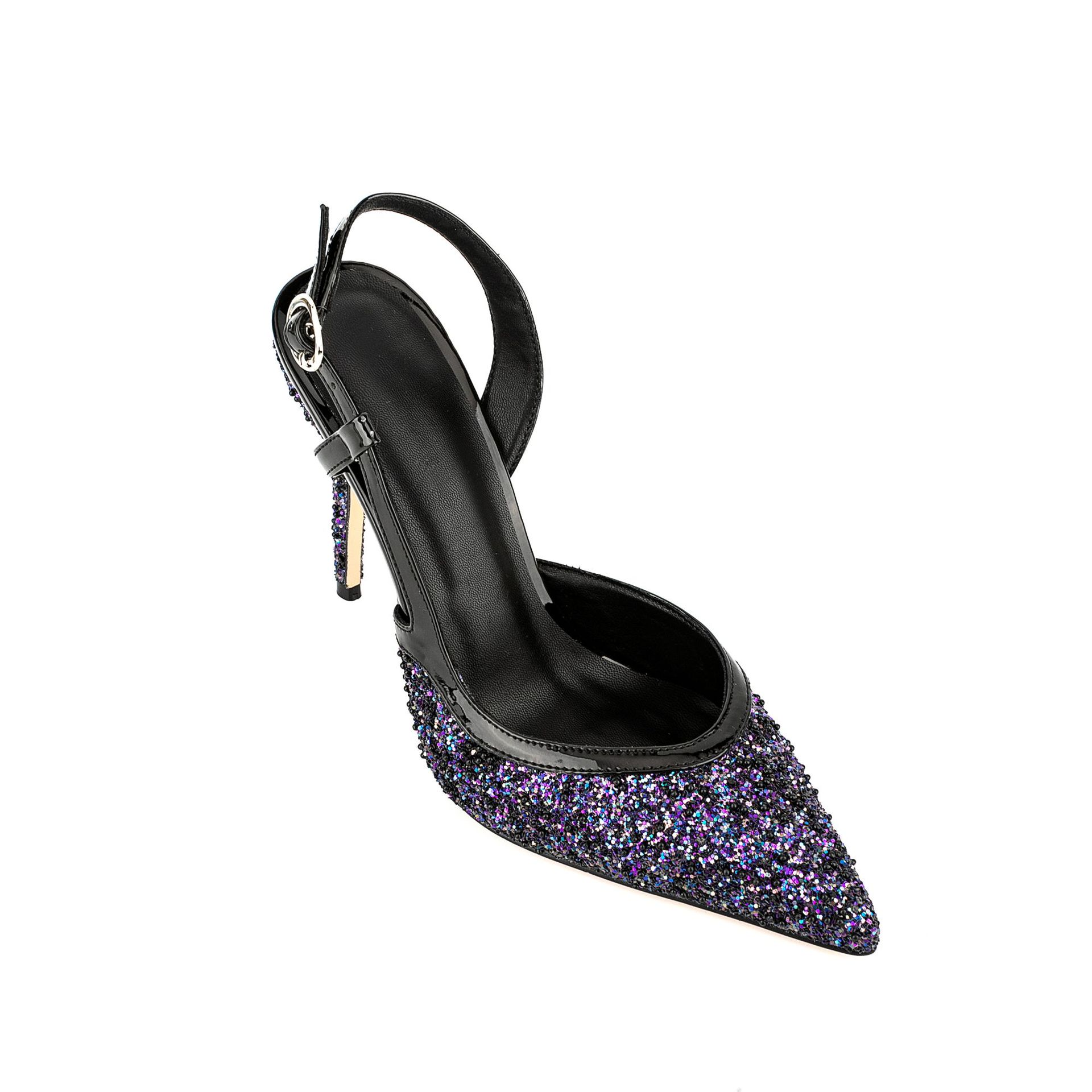 Women's Glitter Stiletto Evening Sandals - Pointed Toe Heels with Ankle Strap and Sequin Detail C260204