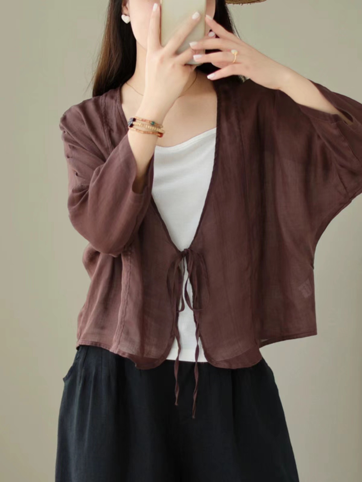 K1175 2024 summer new style literary retro casual thin sun protection top loose V-neck lace cardigan short jacket trend