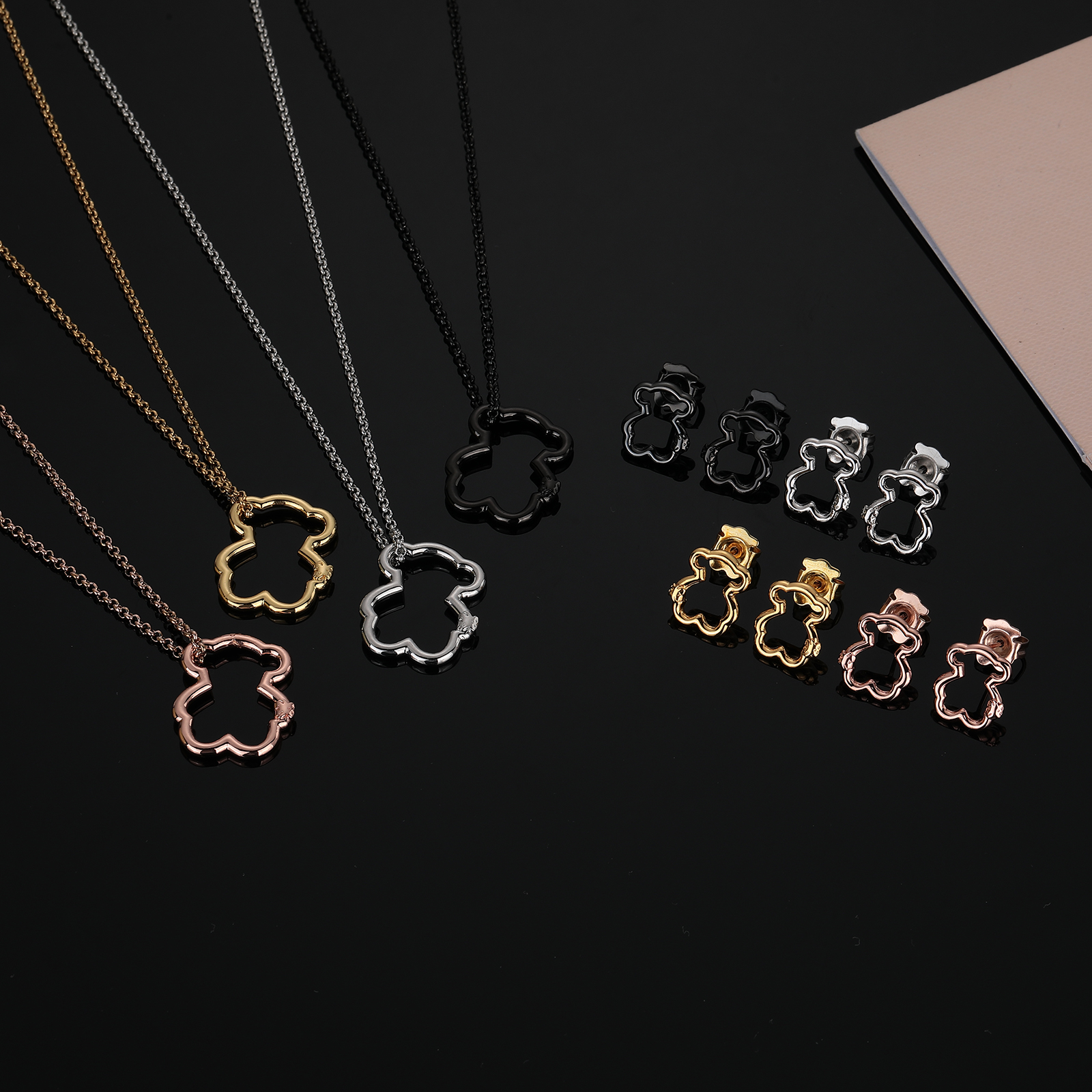 New Fashion Women Men Silver Gold Stainless Steel Copper Bear Cartoon Hollow Heart Pendant Necklace Stud Earrings Sets Jewelry