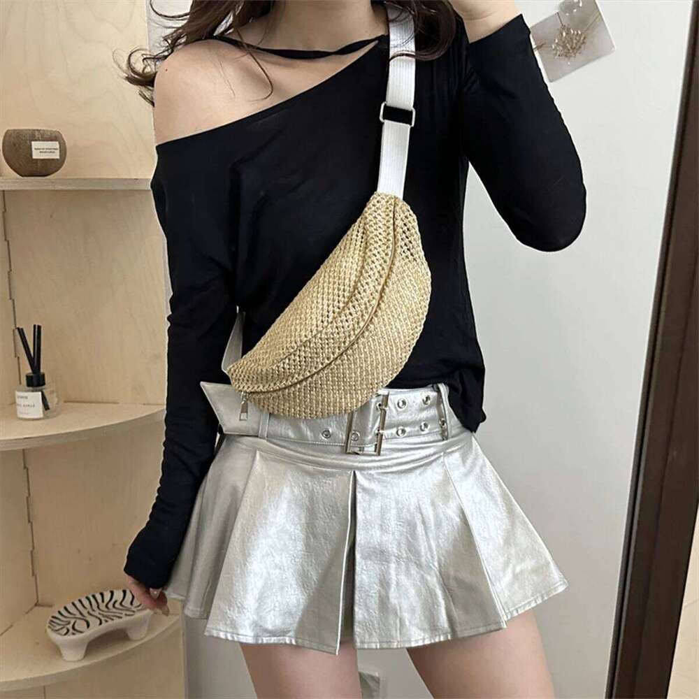 Beach Vacation Lightweight Crossbody Women's Hollow-Out Woven Chest Adjustable Strap for Resort Daily Straw Bag