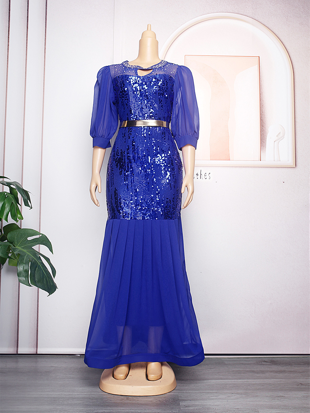 New womens plus size round neck rhinestone sequin banquet evening dress240921 ww