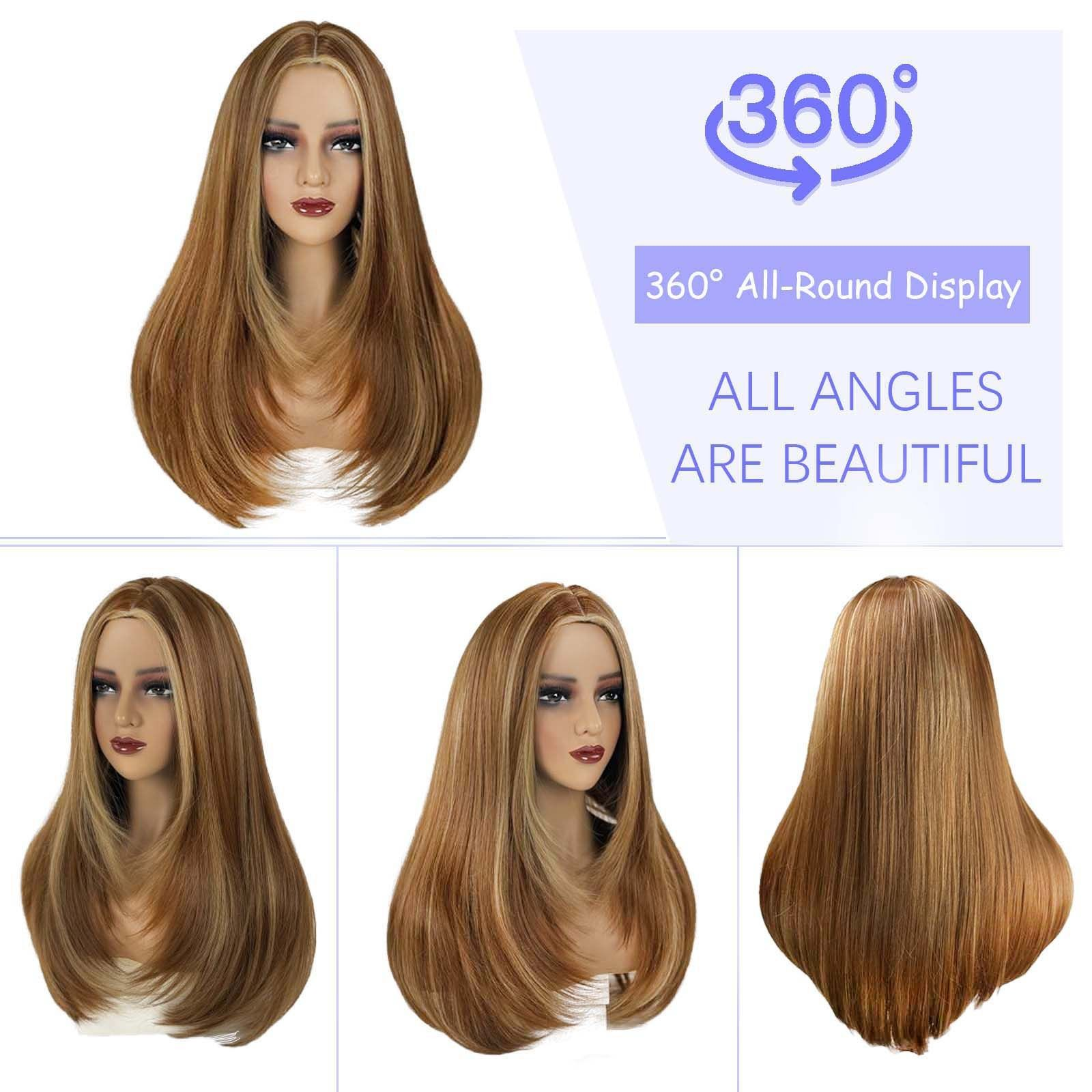 European and American natural-looking parted highlighted hot-haired synthetic wig headpiece with long straight and slightly wavy hair wig headpiece