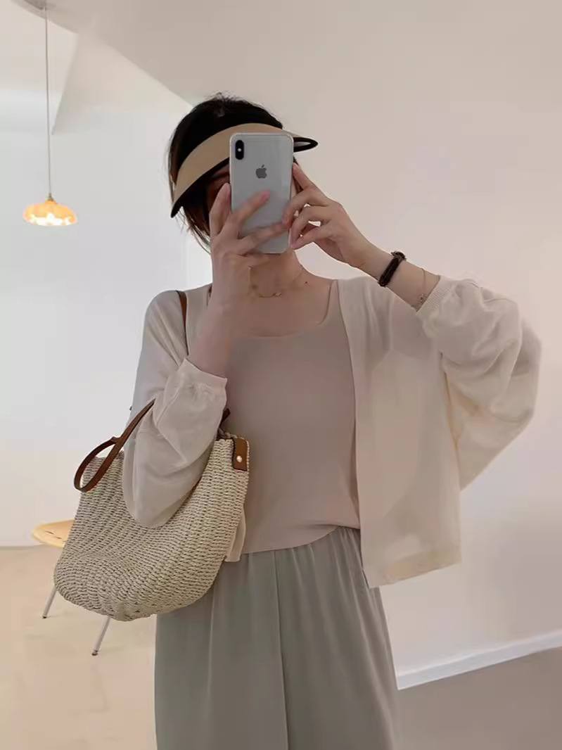 K1174 French lantern sleeve ice silk sunscreen knitted cardigan thin women's summer sling outer wear small shawl loose air-conditioning shirt
