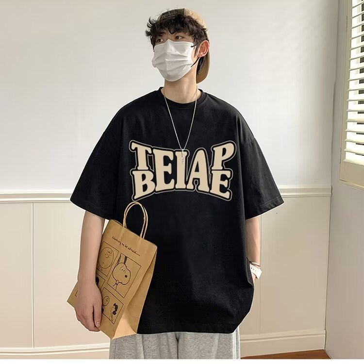 Heavyweight Hong Kong Style Short Sleeve T-shirt For Men 2025 Designer T-shirt Summer Trendy Loose Fit Oversized Letter Print Five-point Tee Top For M