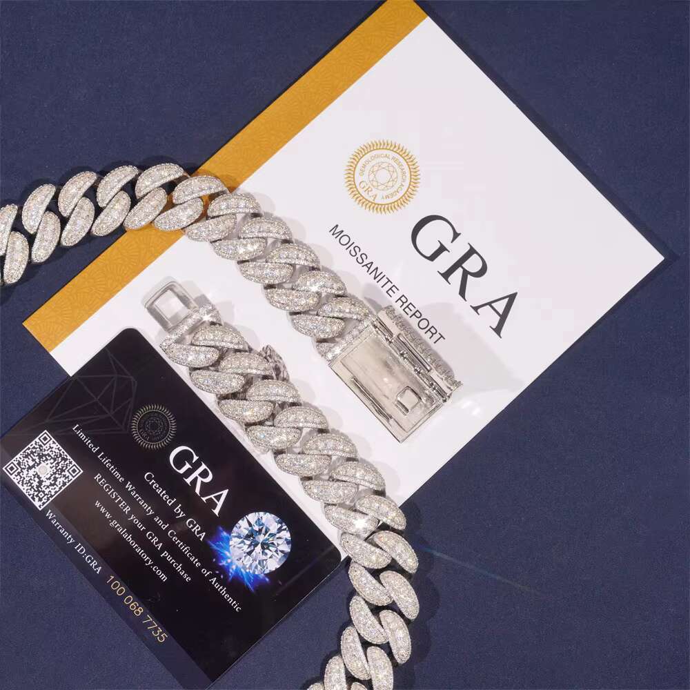 Exclusive VVS Moissanite 18K Gold Hip Hop Cuban Chain for Men 15mm Wide Bling Baguette Iced Out Necklace Moissanite Chain