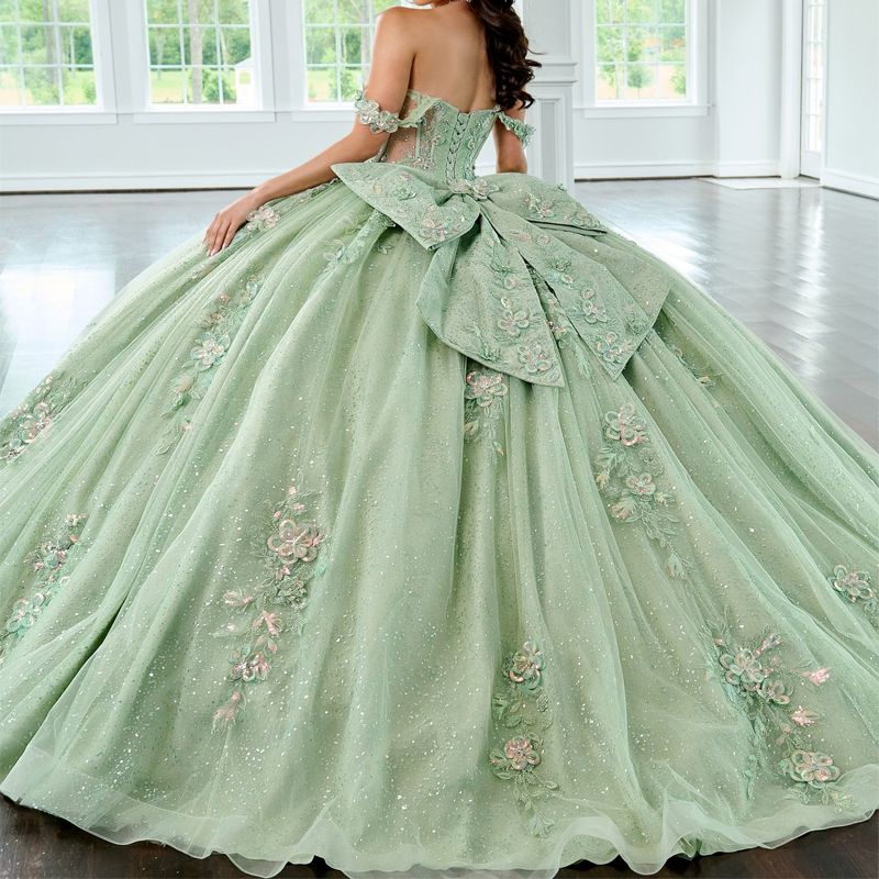 Mint Green Shiny Ball Gown Quinceanera Dresses Appliques Lace Beading Crystal Bow Tull Party Birthday Corset Vestidos 15 De XV Anos Sweet 16 Dress