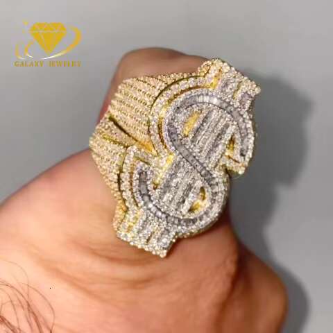 Wholesale Big Iced Out Baguette Diamonds Ring Dollar Design Money Sign 925 Solid Silver Fully Moissanite Mens Hip Hop Rings