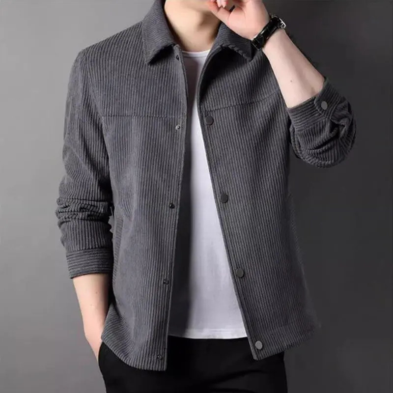 Autumn Polo Neck Corduroy Jacket Mens Solid Button Pocket Korean Youth Fashion Business Casual Work Coat Long Sleeved Top 250628