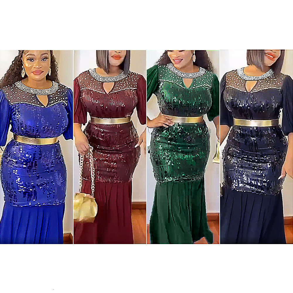 New womens plus size round neck rhinestone sequin banquet evening dress240921 ww