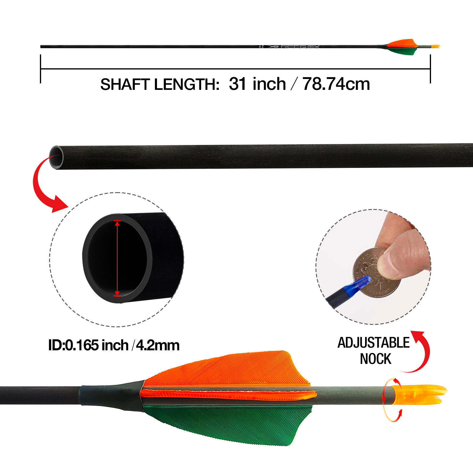 12Pieces Archery Targeting Arrows without Arrowheads 31inch Turkey Feathers Carbon Hunting Arrows 4.2mm Arrows for Recurve Bow & Compound Bow Spine 35