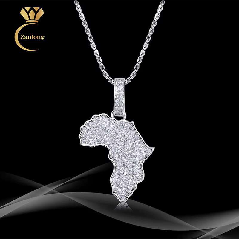 Africa Map Pendant Moissanite Necklace Hip Hop Style 925 Silver 18K Gold Plated Gift Jewelry Moissanite Necklace Collection