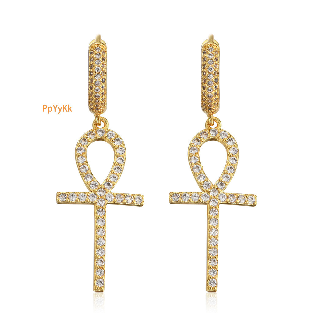 Luxury Jewelry New Ankh Key Cross Hoop Earrings Full Zircon Paved Bling Bling Hip Hop Streetwear Unisex Unique Dangle Earrings Pass the diamond tester