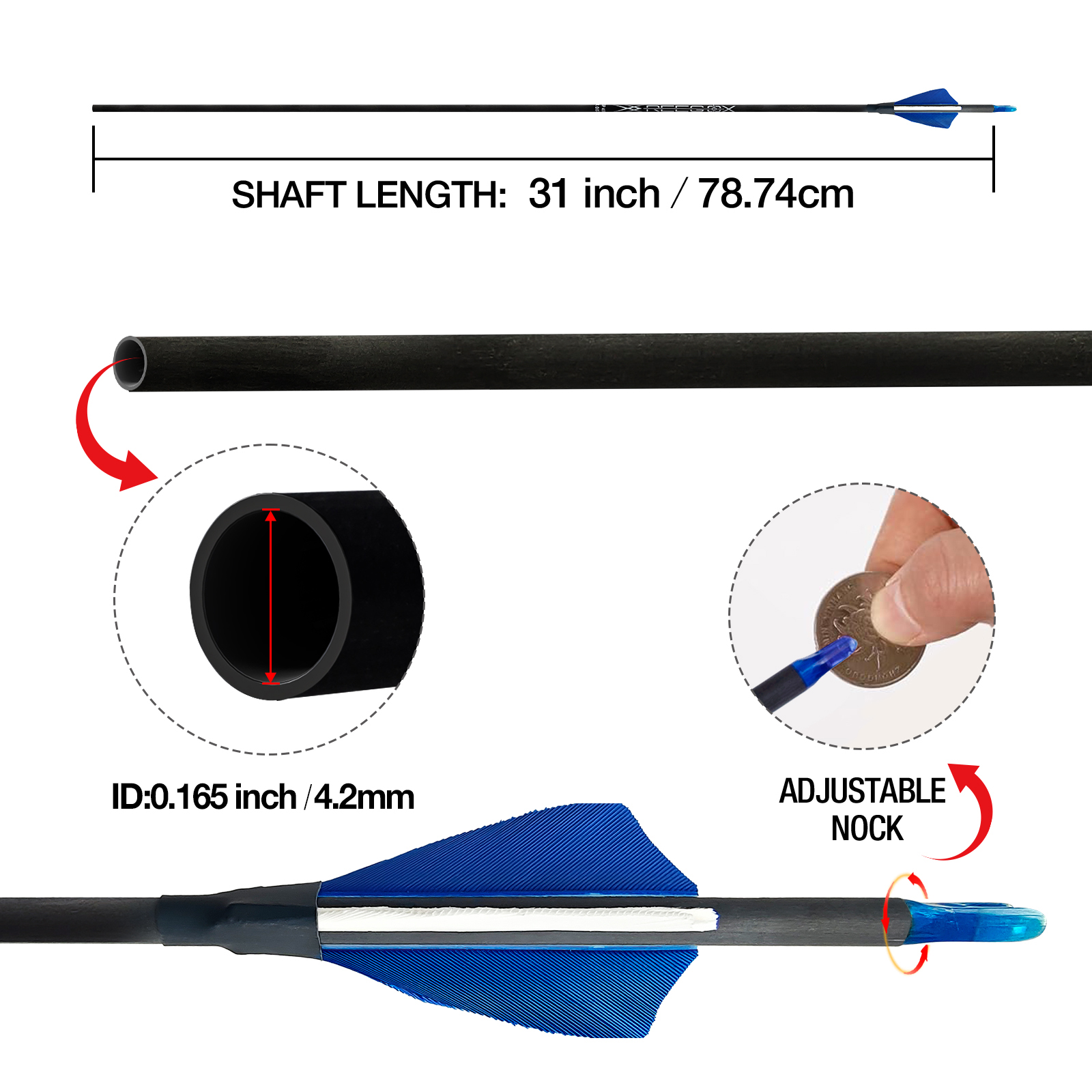 Turkey Feathers Hunting Arrows without Arrowheads 31inch Carbon Archery Arrows 4.2mm Training Arrows for Recurve Bow & Compound Bow Spine 350-1500 Arr