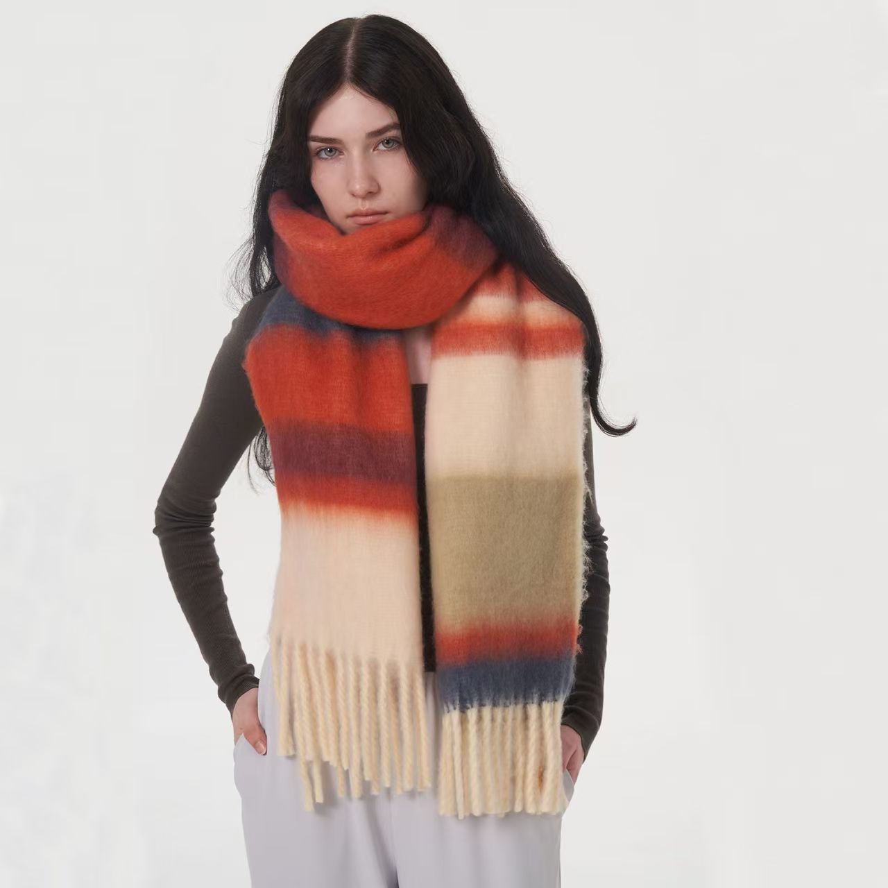T1100 European and American Korean new fashion all-match thickened soft waxy striped splicing mohair cashmere plaid scarf for women winter