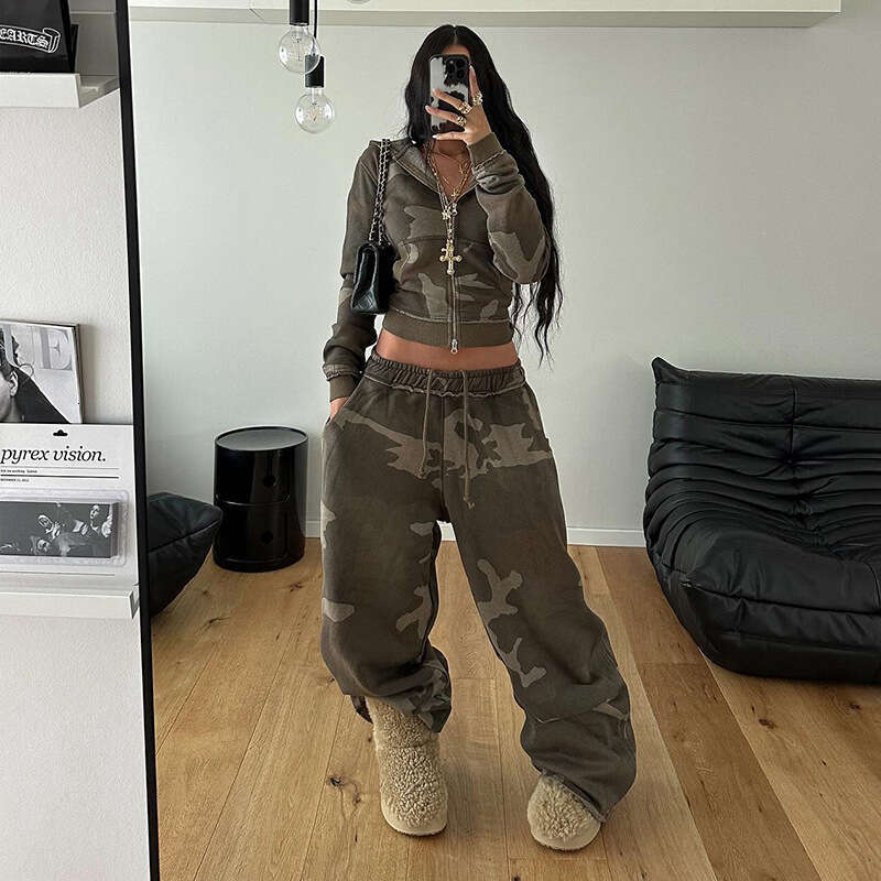 Women's Camouflage Color-Block Hooded Zip-Up Sweatshirt + Loose Oversized Sweatpants Casual Two-Piece Set B5