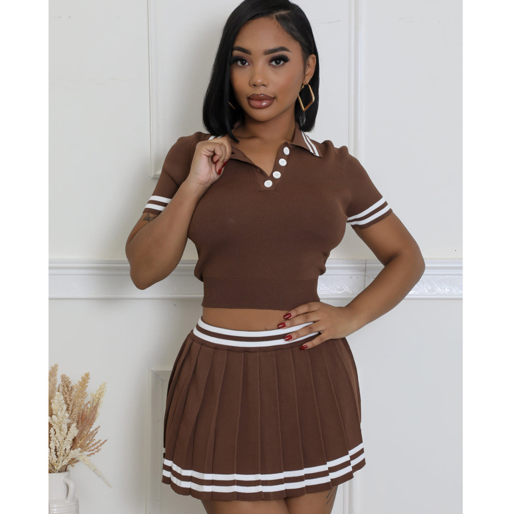 Womens Two Piece Dress Set 2025 New Fashion Color Contrasting Knitted Shirt Waist POLO Collar Short Sleeve Pleated Skirt 7 Colors