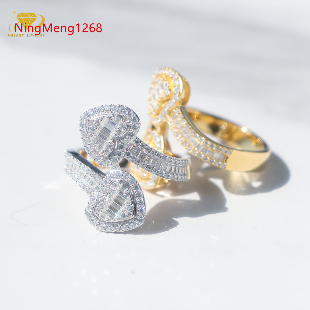 Unisex Hip Hop Baguette Double Heart Ring Moissanite Ring 18k Gold Plated 925 Sterling Silver Rings for Men Fine Jewelry