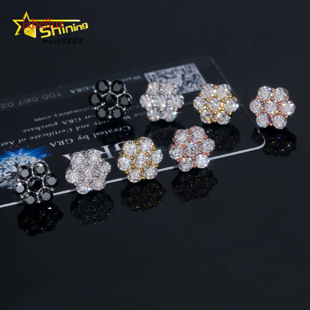 Hot Sale Trendy 12mm Cluster Flower Screw Back Stud Earrings Sier Gold Plated Black Moissanite Pass Dia Tester Earring