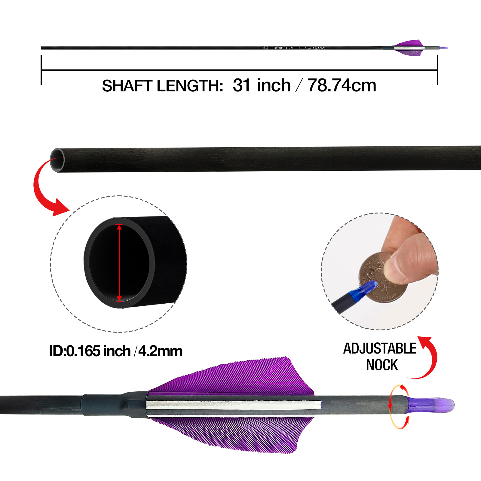 4.2mm Hunting Arrows without Arrowheads 31inch Carbon Archery Arrows Turkey Feathers Training Arrows for Recurve Bow & Compound Bow Spine 350-1500 Arr