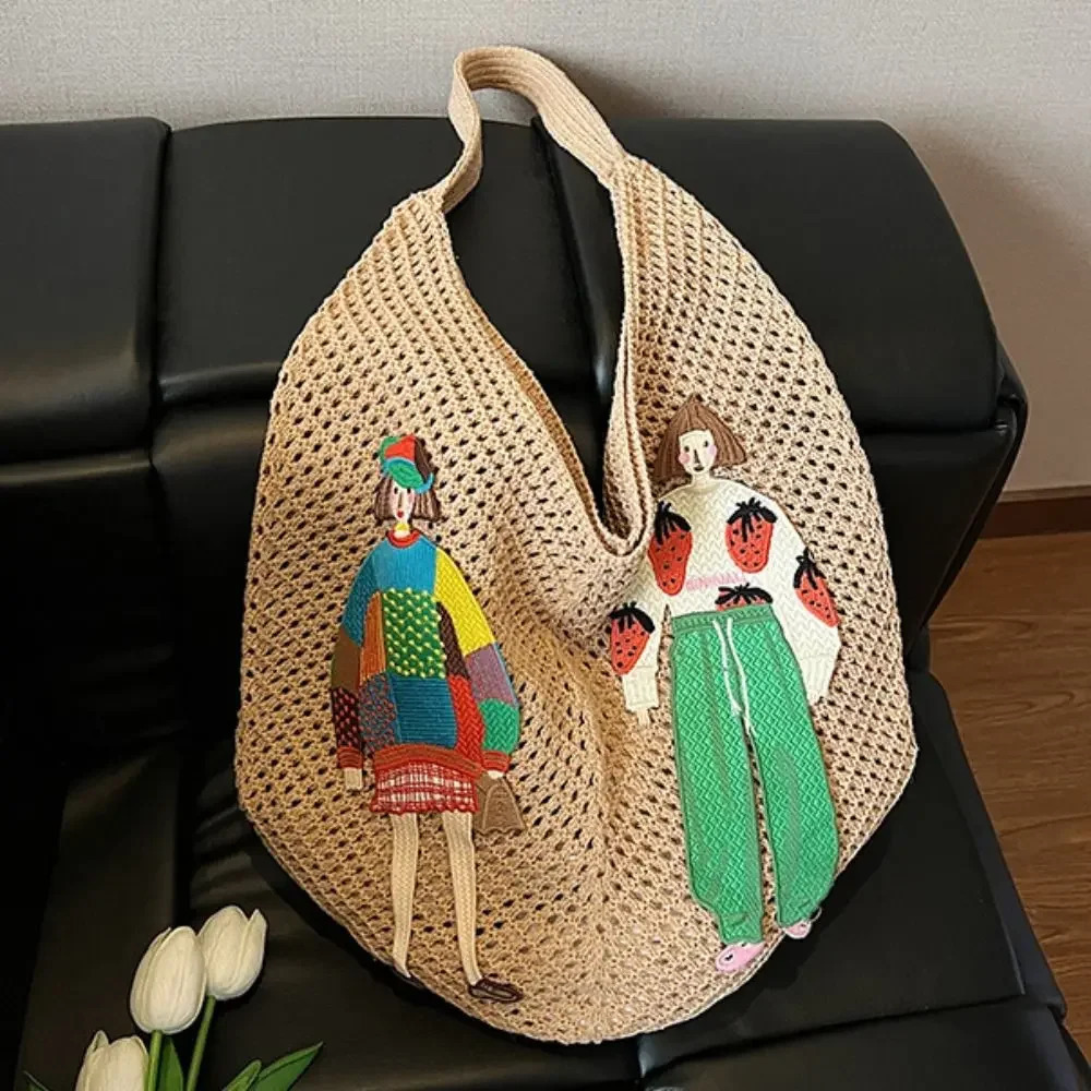 Simple Sweet Knitted Tote Bag Bohemian Style Embroidery Weave Shoulder Cartoon Hollow Out Crochet Beach Travel 250627
