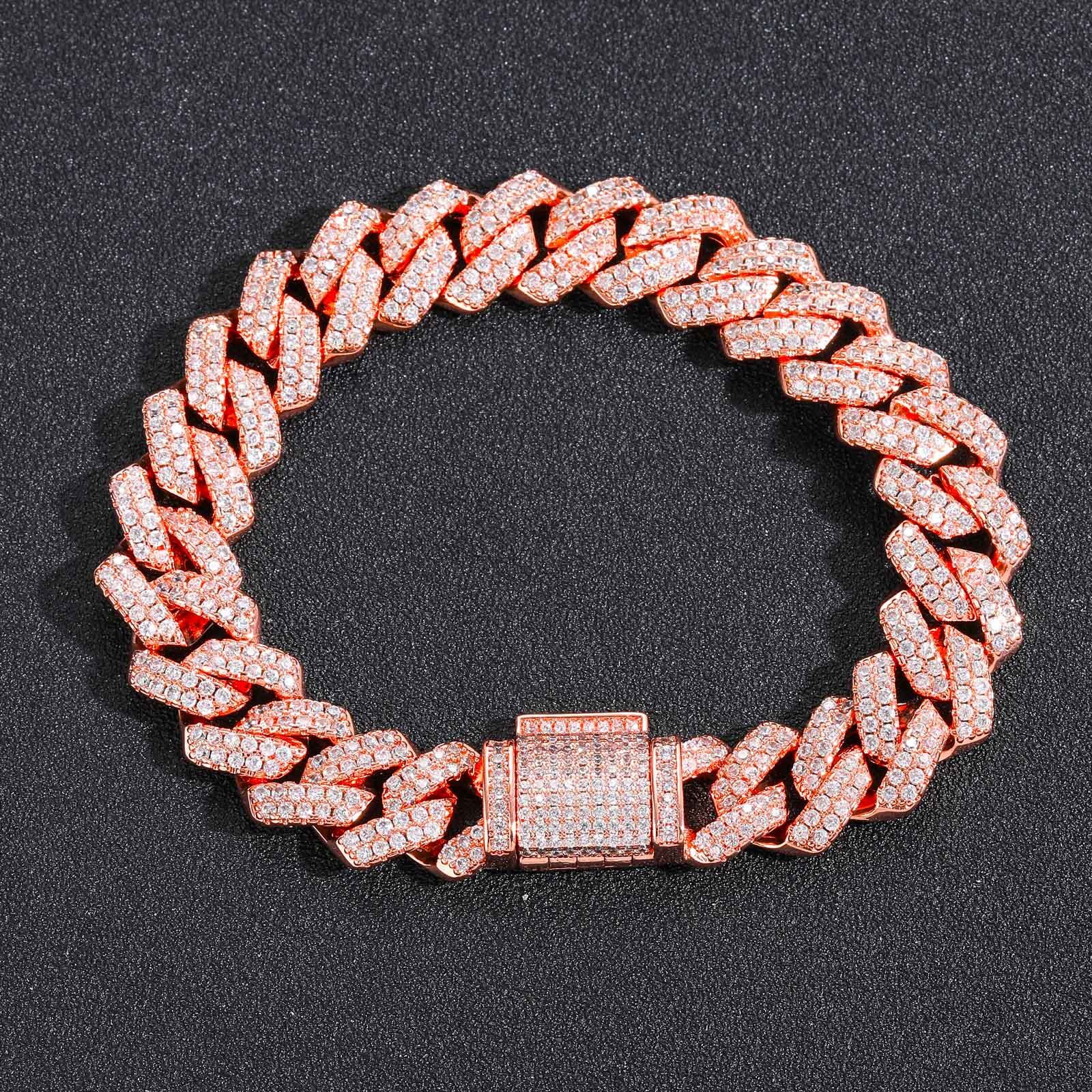 Luxury Jewelry Men Hip Hop Rose Gold Bar Cuban Chain Iced Out VVS Moissanite 14mm Diamond Cut Hip Hop Bling Bling Necklace Pass the diamond tester
