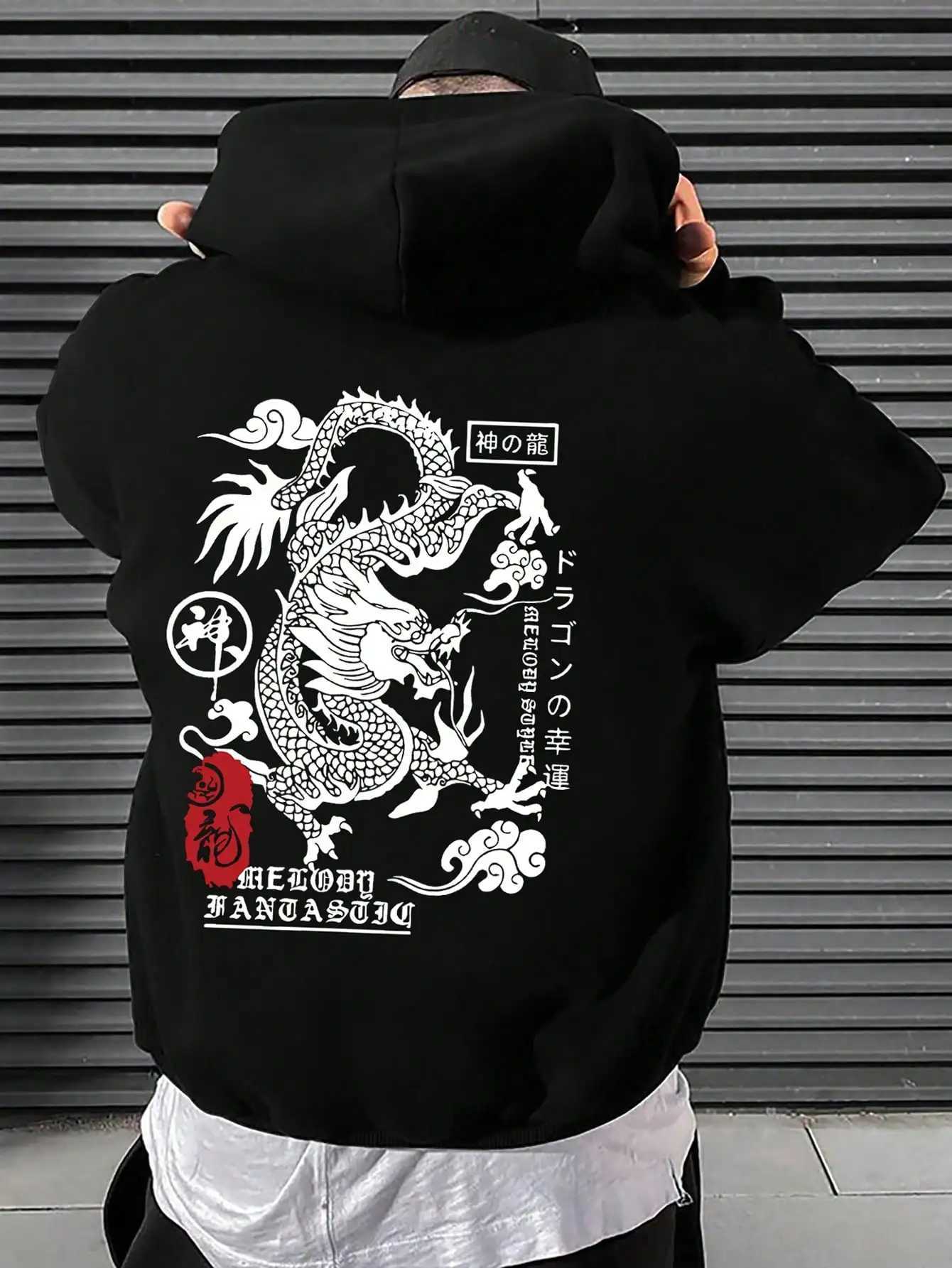 The Harajuku Dragon Funny Pattern Mens Hoodies Comfortable Fleece Pullovers Fashion New Clothing All-Match Pocket Streetwear W250630
