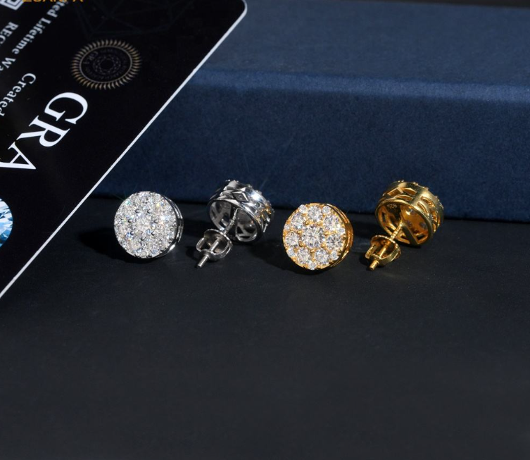 Hip Hop New Design Iced Out Stud 11mm Width 925 Silver Gold Plated Moissanite Earring