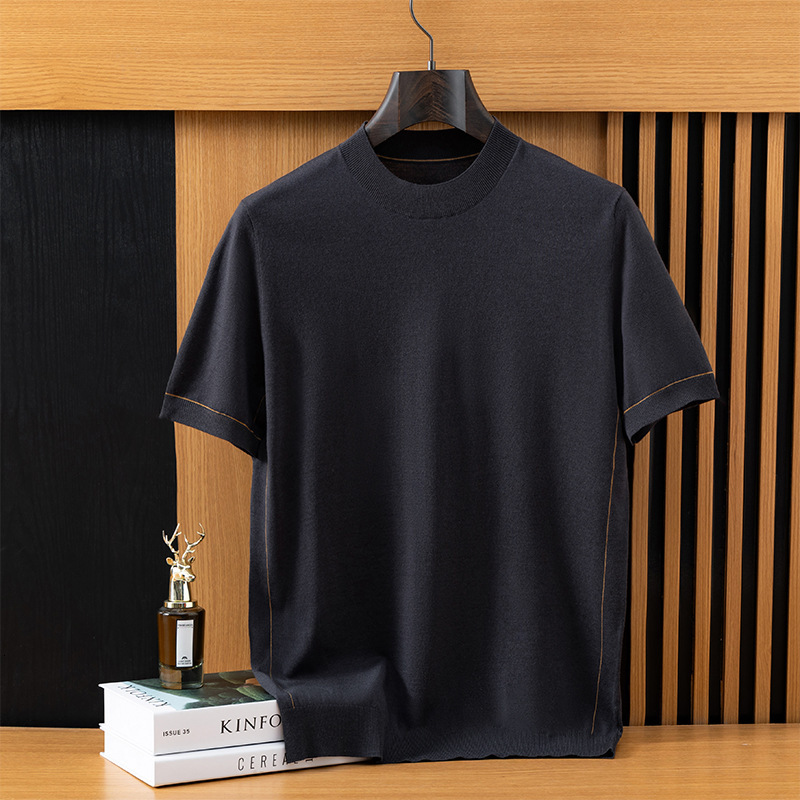 Designer's Summer Business Elastic Men's Knitted Short-sleeved Loose Casual Fine Wool Thin Top Half High-neck Basic T-shirt