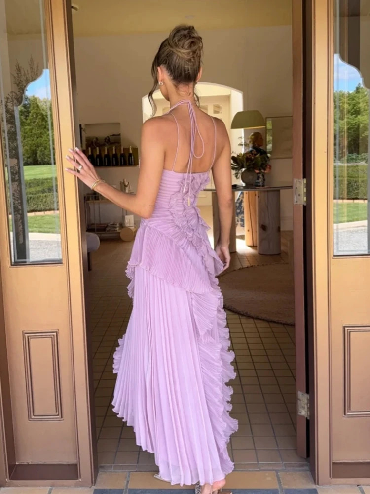 Fashoin Pleated Patchwork Sleeveless Summer Dress Women Elegant Halter Backless Split Maxi Dress Ladies Party Evening Dress 2025250624
