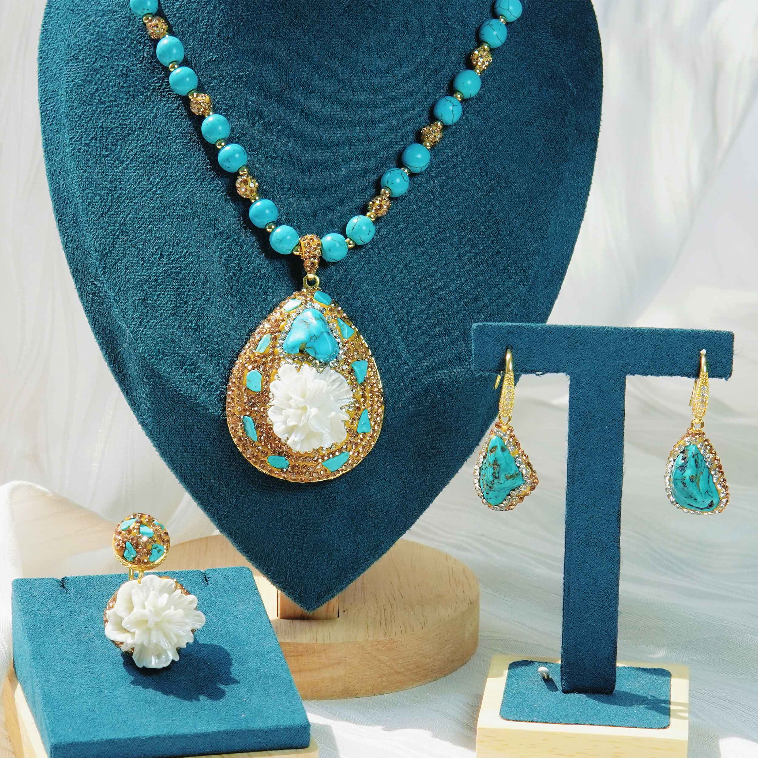 Lingyun Department Peony Turquoise Energy Jewelry Set Lightweight and Luxury Shell Powder Pressing Design Turquoise Ring Earrings Necklace Earrings Ne