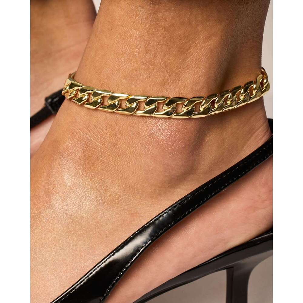 14K Plated 3 Gold Chunky Anklet for Women | Lightweight Flat Curb Link Chain Anklets