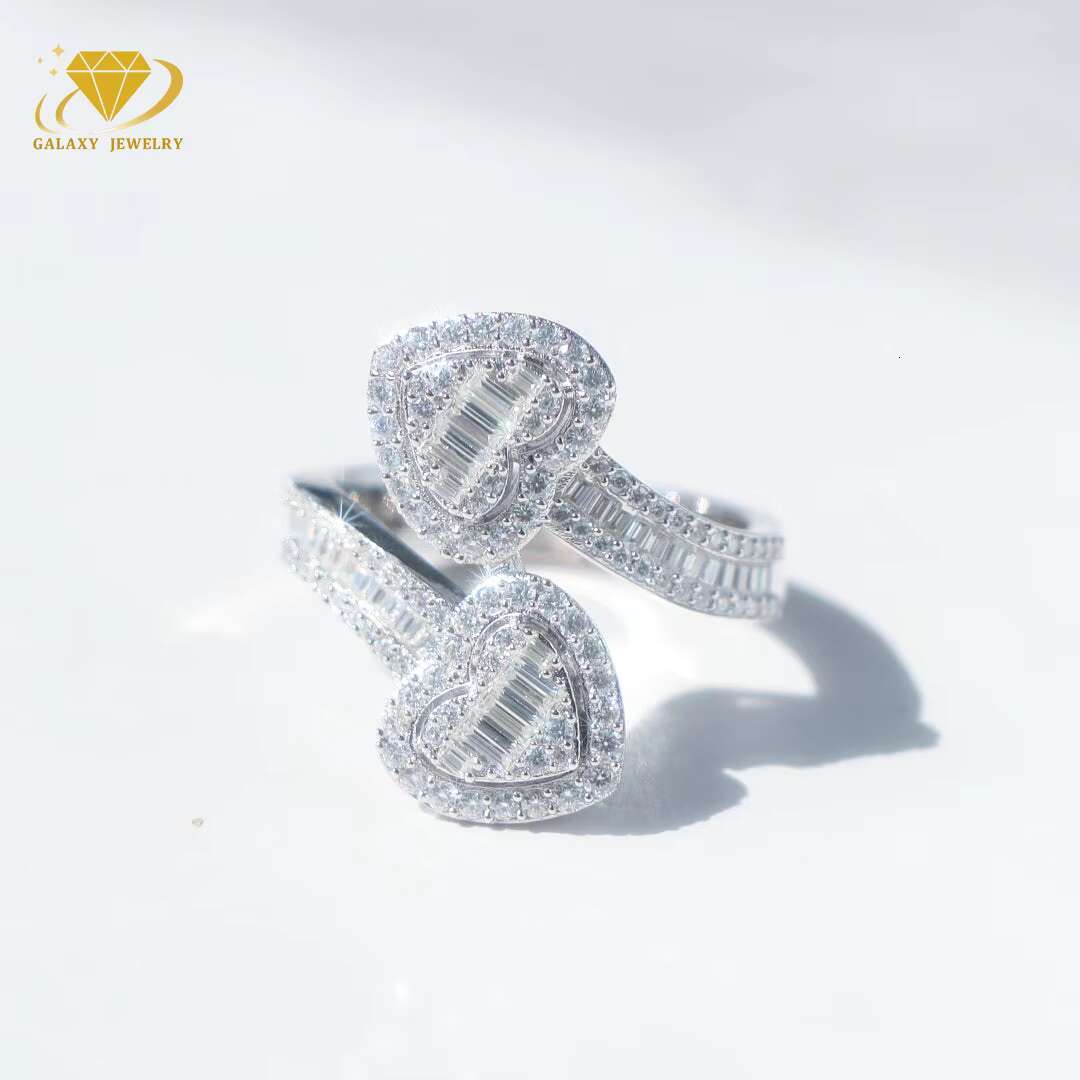 Unisex Hip Hop Baguette Double Heart Ring Moissanite Ring 18k Gold Plated 925 Sterling Silver Rings for Men Fine Jewelry