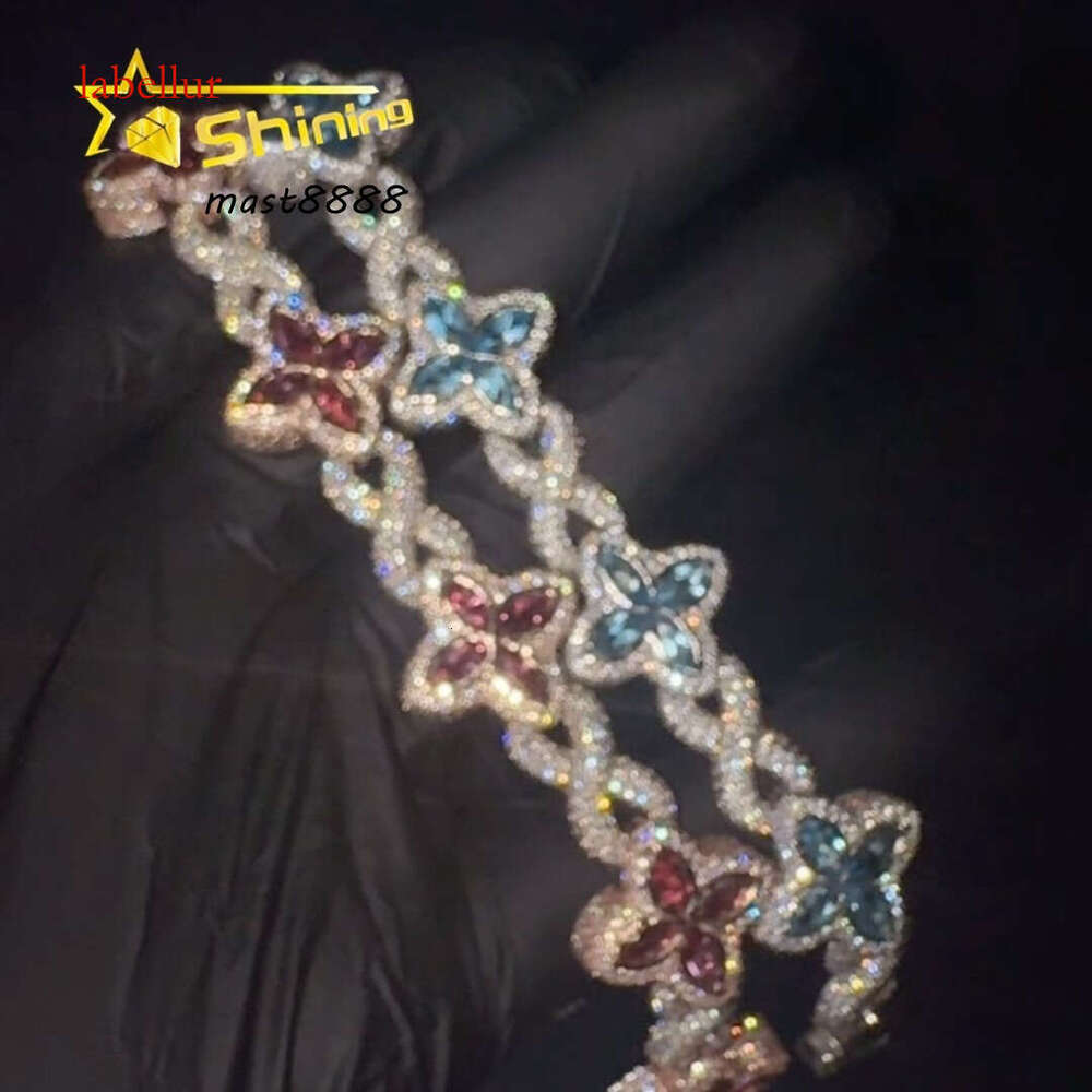 Hot Sale Popular Shining Hip Hop Sier Pink Blue Marquise Infinity Cuban Link Moissanite Bracelet