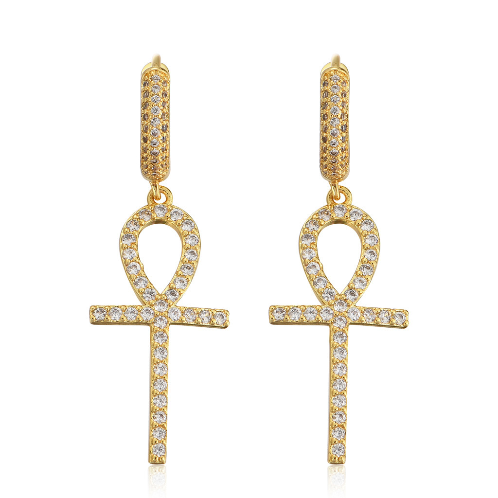 Luxury Jewelry New Ankh Key Cross Hoop Earrings Full Zircon Paved Bling Bling Hip Hop Streetwear Unisex Unique Dangle Earrings Pass the diamond tester