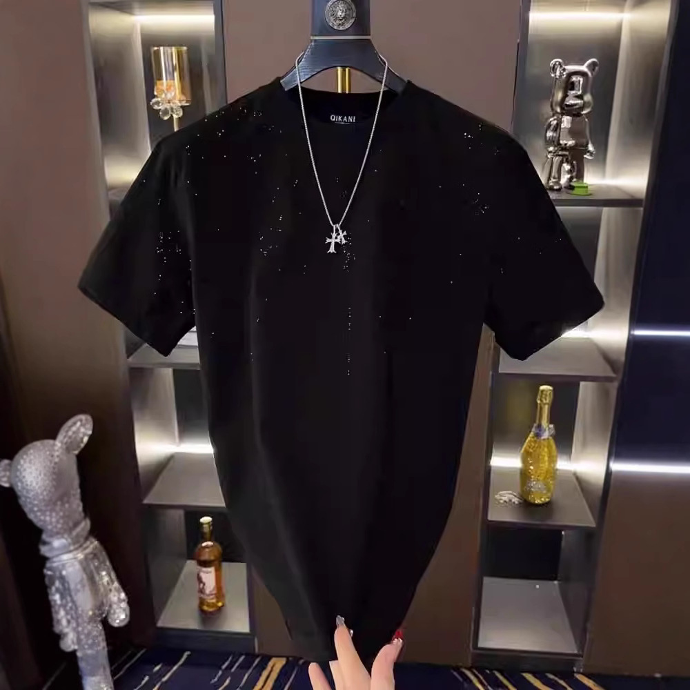 Designer 2025 New Men's Trendy Loose Short Sleeve T-Shirt Light Luxury Fashion Rhinestone Half Sleeve Loose Round Neck Short Sleeve Men's T-