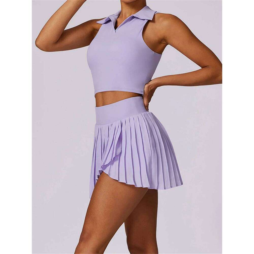 Outdoor Breathable Golf Wear Tennis Sport Sets Women Turn Down Collar Sleeveless Top Short 2 in 1 Skirt Running Fiess Set