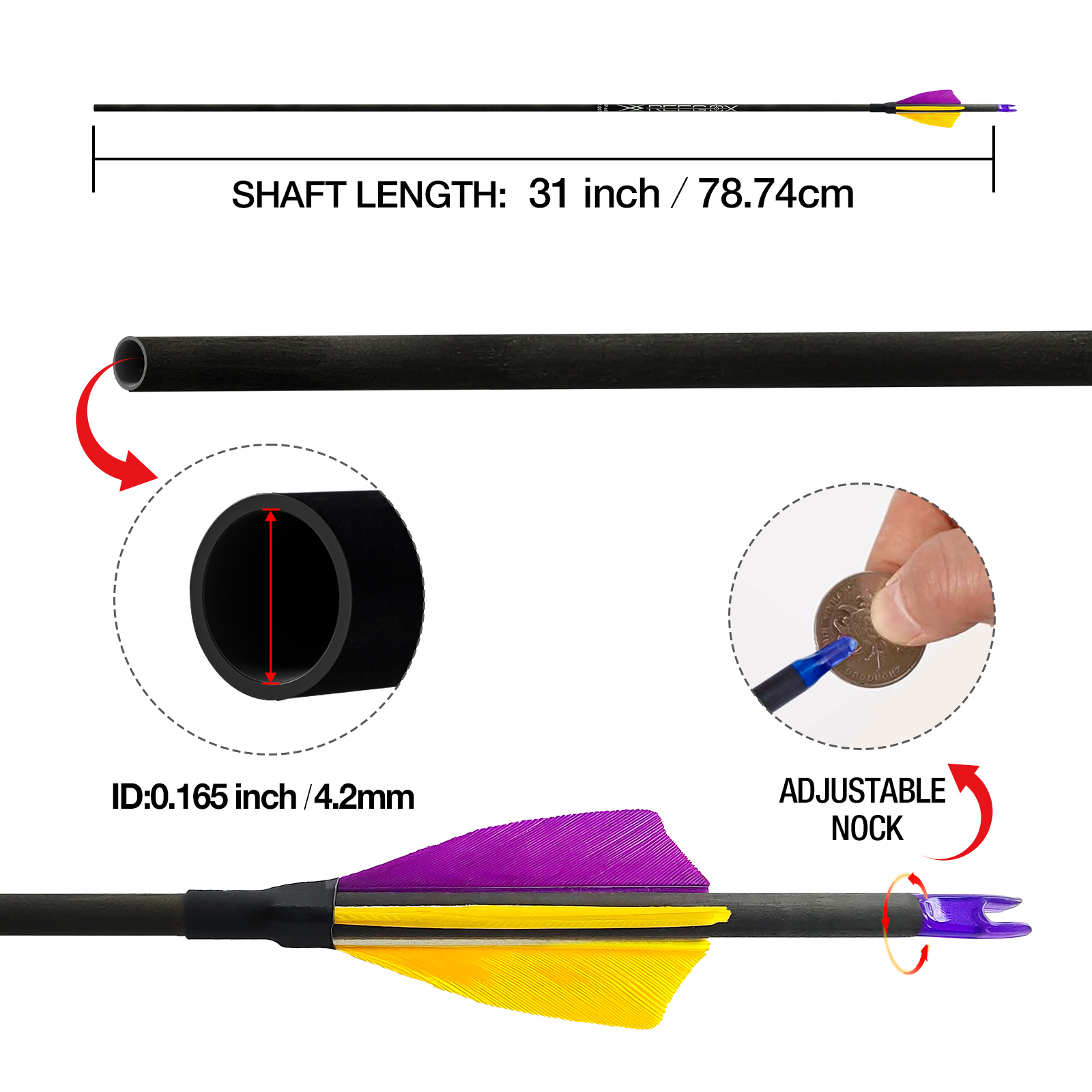 Hunting Arrows without Arrowheads 31inch Turkey Feathers Carbon Archery Arrows 12Pcs 4.2mm Training Arrows for Recurve Bow & Compound Bow Spine 350-15
