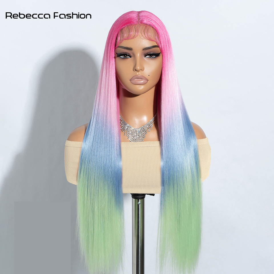 Rebecca Fashion Synthetic Highlights Colors High Temperature Fiber Straight Wig Middle Part Lace Wigs For Black Women Heat Resistant Cosplay
