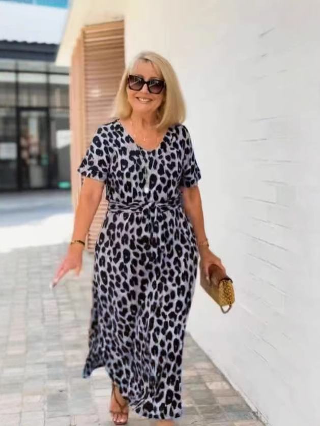 L6291New autumn and summer temperament women's short-sleeved V-neck leopard print dress