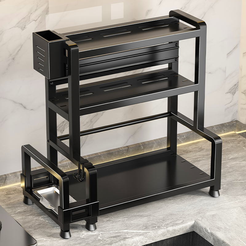 1 piece multi-layer steel kitchen storage rack set - Space-saving countertop storage, with hooks, cutlery rack, chop board rack