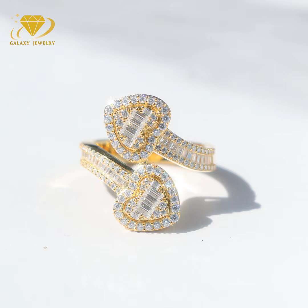 Unisex Hip Hop Baguette Double Heart Ring Moissanite Ring 18k Gold Plated 925 Sterling Silver Rings for Men Fine Jewelry