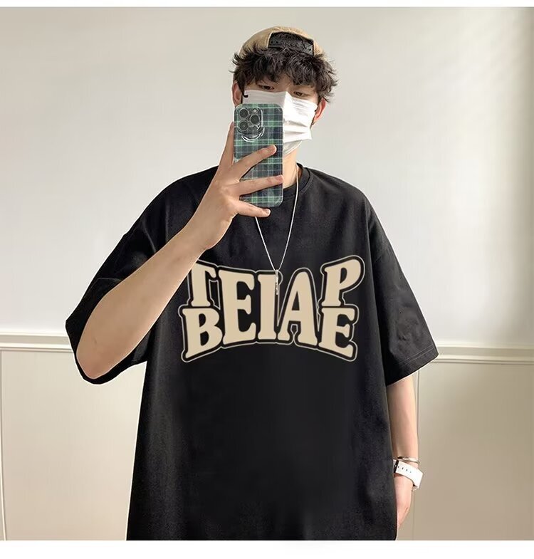 Heavyweight Hong Kong Style Short Sleeve T-shirt For Men 2025 Designer T-shirt Summer Trendy Loose Fit Oversized Letter Print Five-point Tee Top For M