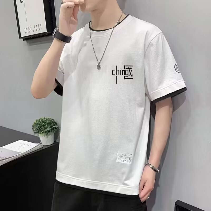 Summer Short Sleeve Men's T-shirt 2025 New Trendy Designer T-shirt Brand Ins Loose Fit Men's Fake Two-piece Casual Half Sleeve T-shirt