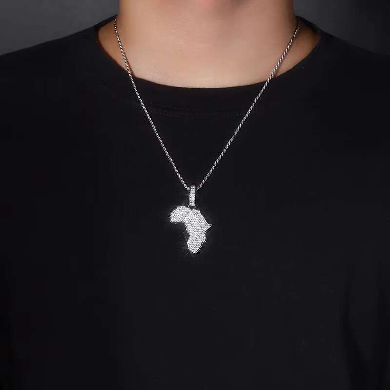 Africa Map Pendant Moissanite Necklace Hip Hop Style 925 Silver 18K Gold Plated Gift Jewelry Moissanite Necklace Collection